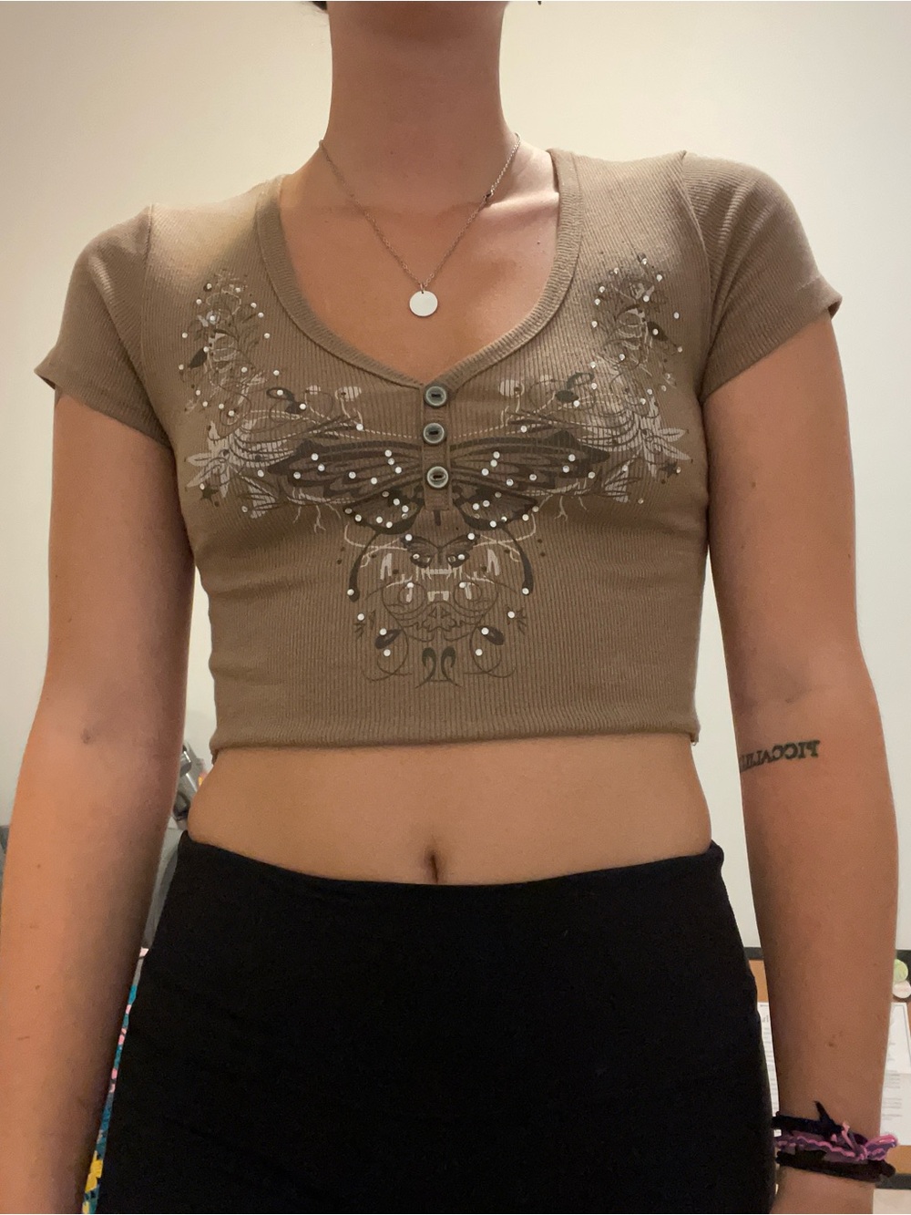 Women's Y2K Taupe Short Sleeve Cropped Ribbed Top with Embellished Graphic